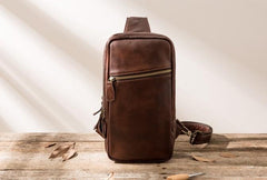 Coffee Leather Mens Sling Bag Sling Shoulder Bag Sling Chest Bag for men
