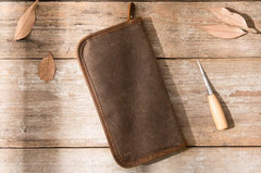 Cool Canvas Leather Mens Bifold Long Wallet Zipper Long Wallet for Men