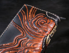 Handmade Leather Tooled Buddha Mens Chain Biker Wallet Cool Leather Wallet Long Phone Wallets for Men