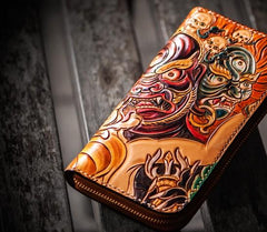 Handmade Leather Tooled Mahākāla Mens Zipper Long Wallet Cool Leather Wristlet Wallet for Men