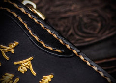 Handmade Leather Mens Chinese Handwriting Biker Chain Wallet Cool Leather Wallets Long Wallets for Men