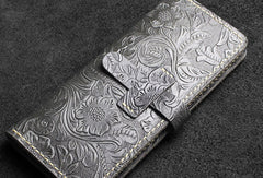 Handmade long leather wallet floral leather clutch wallet for women men zip - EverHandmade