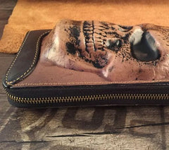 Handmade Genuine Leather Mens Clutch Cool Long Wallet Skull Zipper Clutch Wristlet Wallet for Men