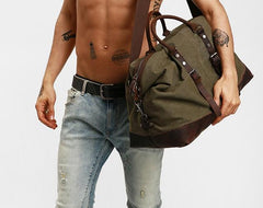 Gray Mens Leather Canvas Large Weekender Bag Canvas Travel Bag for Men