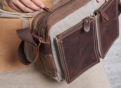 Mens Leather Canvas Gray Cool Messenger Bag Side Bag Shoulder Bag for Men