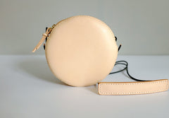 Cute Leather Beige Womens Small Round Crossbody Purse Circle Shoulder Bag for Women