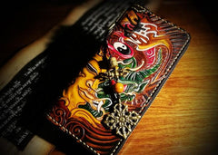 Handmade Leather Mens Tooled Buddha&Demon Chain Biker Wallet Cool Leather Wallet Long Clutch Wallets for Men