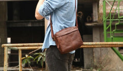 Cool Small Leather Black Mens Messenger Bags Shoulder Bags  for Men