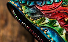 Handmade Leather Tooled Yellow Jambhala Mens Chain Biker Wallets Cool Leather Wallet Zipper Long Wallets for Men
