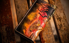 Handmade Leather Mahākāla Mens Tooled Chain Biker Wallet Cool Long Leather Wallet With Chain Wallets for Men