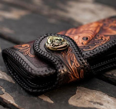 Handmade Leather Tooled Long Carp Mens Chain Biker Wallets Cool Leather Wallet With Chain Wallets for Men