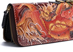 Handmade Leather Carp Mens Zipper Biker Wallet Cool Leather Chain Wallets Long Tooled Wallets for Men