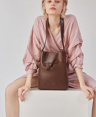 Stylish Leather Brown Womens Bucket Purse Crossbody Bag Barrel Shoulder Bag for Women
