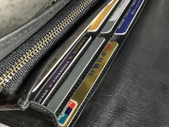 Handmade Genuine Leather Mens Clutch Cool Slim Wallet Zipper Clutch Wristlet Wallet for Men