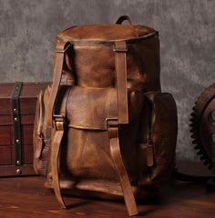 Cool Brown Leather Mens Backpack Large Brown Travel Backpack Hiking Backpack for men