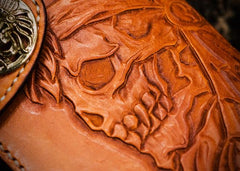 Handmade Leather Tooled Skull Indian Chief Biker Wallets Mens Cool billfold Chain Wallet Trucker Wallet with Chain