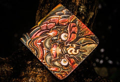 Handmade Leather Chinese Lion Tooled Mens Small Wallet Cool Leather Wallet billfold Wallet for Men