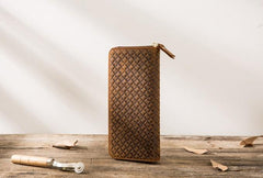 Cool Leather Mens Braided Long Zipper Clutch Wallet Long Wallet for Men