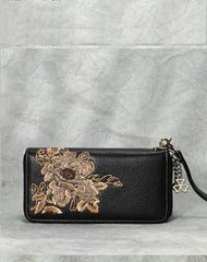 Peony Embroidery Gray Leather Peony Wristlet Wallet Womens Zip Around Wallets Flowers Peony Ladies Zipper Clutch Wallet for Women