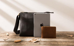 Cool Leather Black Mens Messenger Bags Vintage Shoulder Bags  for Men