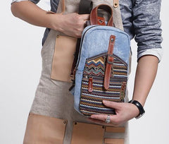 Folk Canvas Mens Sling Bag Vintage Chest Bag One Shoulder Pack for men