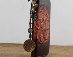 Handmade Leather Ganesha Tooled Biker Chain Mens Long Wallet Cool Leather Wallet Clutch Wallet for Men