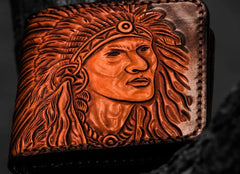 Handmade Leather Indian Chief Tooled Mens billfold Wallet Cool Leather Wallet Slim Wallet for Men