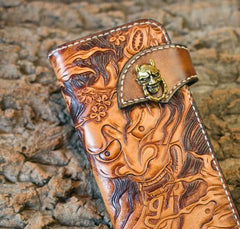 Handmade Leather Mens Cool Tooled Prajna Chain Wallet Biker Trucker Wallet with Chain