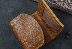 Handmade billfold trifold leather wallet flowral leather billfold wallet for men women - EverHandmade