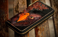 Handmade Leather Mens Tooled Eagle Chain Biker Wallet Cool Leather Wallet Long Clutch Wallets for Men