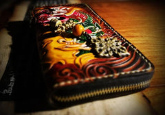 Handmade Leather Mens Tooled Buddha&Demon Chain Biker Wallet Cool Leather Wallet Long Clutch Wallets for Men