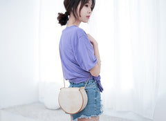 Cute Leather Womens Small Round Saddle Crossbody Purse Shoulder Bag for Women