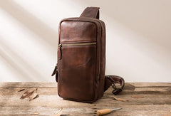 Coffee Leather Mens Sling Bag Sling Shoulder Bag Sling Chest Bag for men