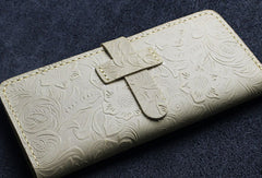 Handmade long leather wallet floral leather clutch wallet for women men zip - EverHandmade