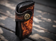 Handmade Leather Tooled Long Carp Mens Chain Biker Wallets Cool Leather Wallet With Chain Wallets for Men