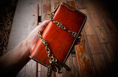 Handmade Leather Mens Chain Biker Wallets Cool Leather Wallet Long Clutch Wallet for Men