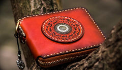 Handmade Leather Small Tibetan Tooled Mens billfold Wallet Cool Chain Wallet Biker Wallet for Men