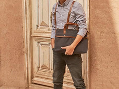 Mens Gray Canvas 14inch Briefcase Handbag Work Bag Business Bag for Men