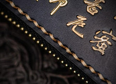 Handmade Leather Mens Chinese Handwriting Biker Chain Wallet Cool Leather Wallets Long Wallets for Men