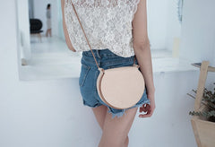 Cute Leather Beige Womens Small Round Saddle Crossbody Purse Shoulder Bag for Women