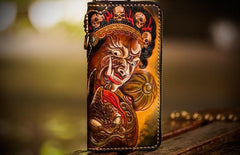 Handmade Leather Mahākāla Mens Tooled Chain Biker Wallet Cool Long Leather Wallet With Chain Wallets for Men