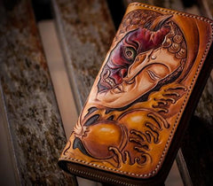 Handmade Mens Long Leather Wallet Cool Buddha&Demon Tooled Wallet Long Zipper Wallets for Men