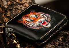 Handmade Leather Tiger Tooled Mens billfold Wallet Cool Clutch Wristlet Bag Chain Wallet Biker Wallet for Men