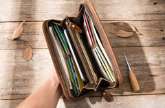 Cool Canvas Leather Mens Bifold Long Wallet Zipper Long Wallet for Men