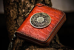 Handmade Leather Tibetan Tooled Mens billfold Wallet Cool Chain Wallet Small Biker Wallets for Men