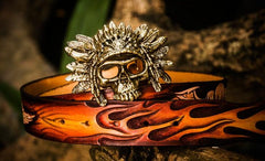 Handmade Cool Brown Leather Tooled Skull Mens Belt Leather Men Belt for Men