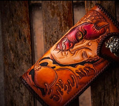 Handmade Leather Tooled Buddha&Demon Mens Chain Long Biker Wallet Cool Leather Wallet With Chain Wallets for Men