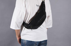 Black Leather Fanny Packs Mens Waist Bag Hip Pack Belt Bag for Men