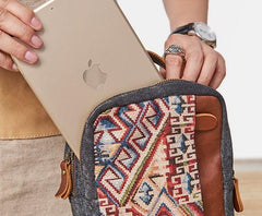 Folk Canvas Leather Mens Sling Bag Chest Bag One Shoulder Pack for men