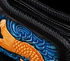 Handmade Leather Carp Tooled Long Mens Chain Biker Wallets Cool Leather Wallet With Chain Wallets for Men